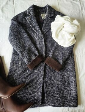 Dawn Levy Tweed Coat Wool Blend Brown Corduroy Trim Womens Size 8